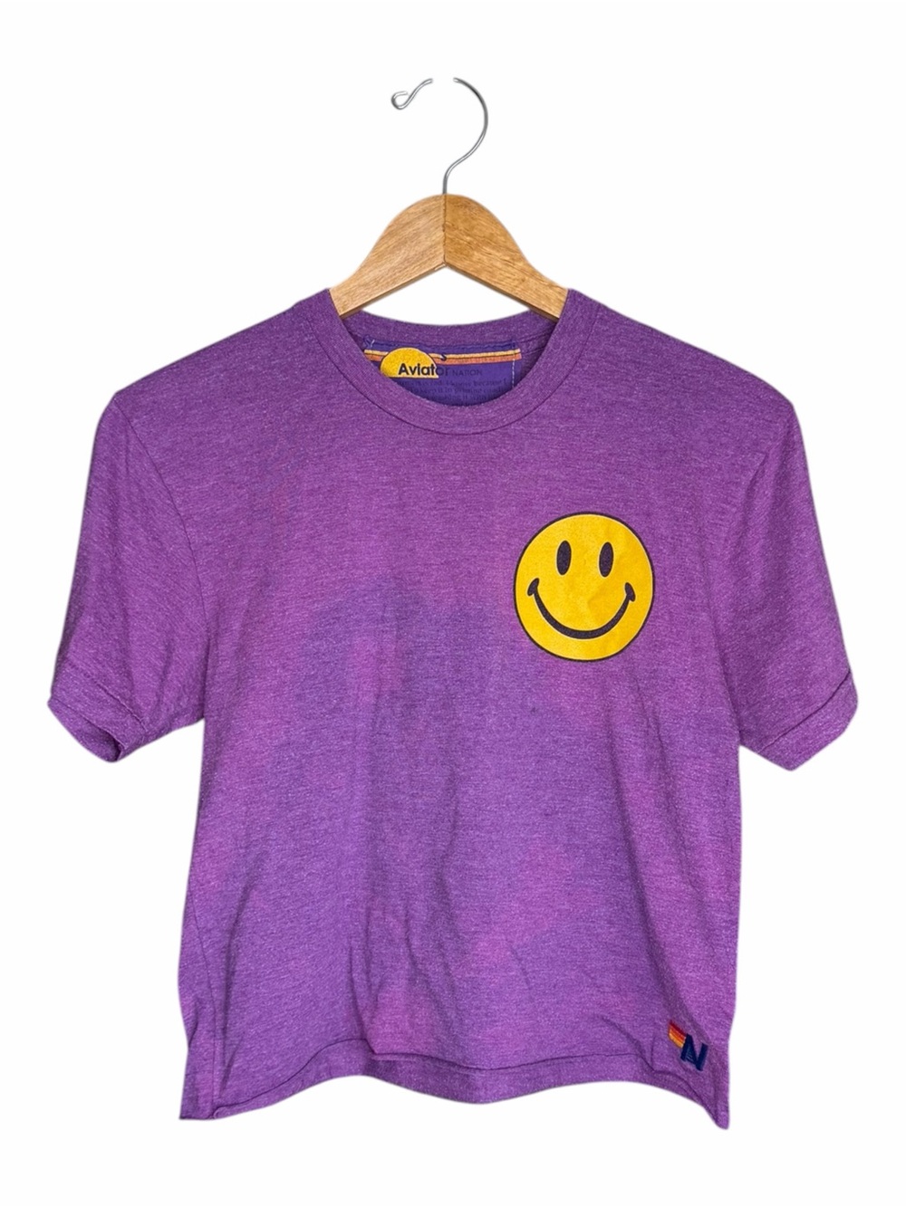 Aviator Nation Smiley Graphic Crop T-Shirt Women’s S Purple Rainbow California - Picture 2 of 12